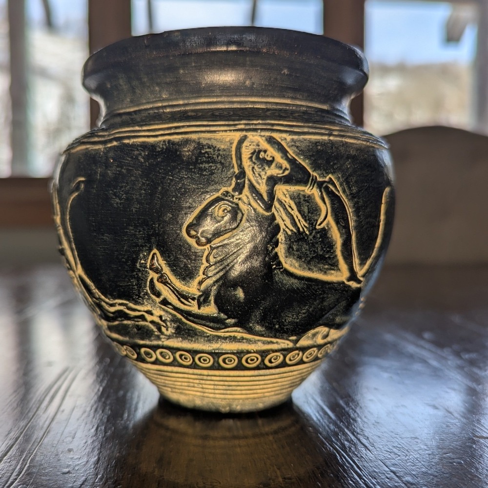 Bull Leaping Knossos Palace Greek Pottery Vase Black Tan Carved Ceramic 5 Inch